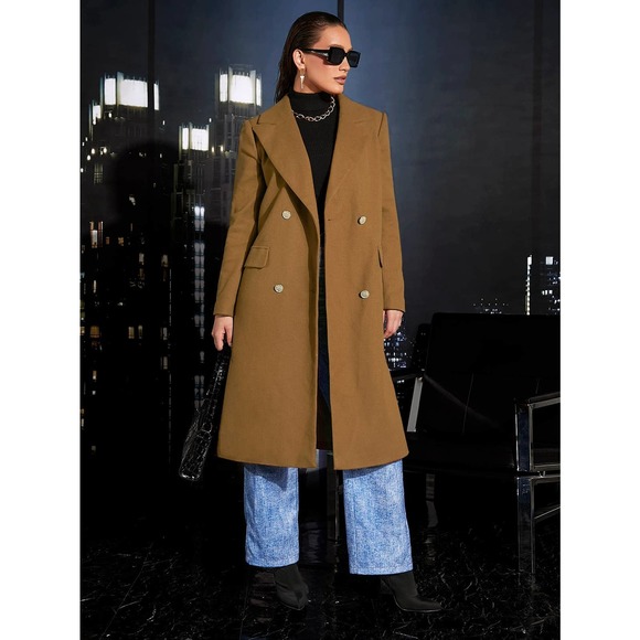 Double Breasted Belted Overcoat long pea coat brown long line - Picture 5 of 6